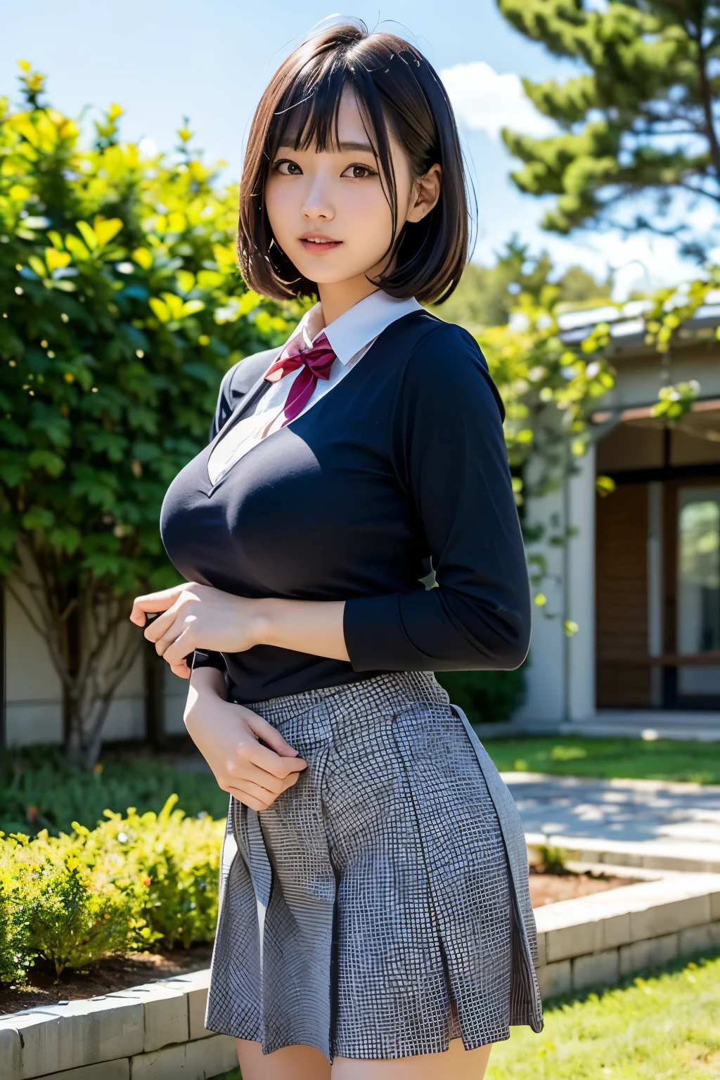 (8K分辨率、Raw photography、top-quality、masterpiece:1.2),(Opening legs),(Long bob cut,Looking at the front,Bullish,Erotic,Pupils,bra very,kne,(Black pantyhose),absurderes,Parting the bangs from the middle、Forehead visible,(Everyone's Idol)、超A high resolution,panties on,ren,Beautiful fece, 独奏,fullllbody、cute little:1.5,JK school uniform,hi-school girl,A Japanese Lady,is standing,(Photorealsitic:1.37)、Photon mapping,Realistic,Brown-eyed、Black socks、(Red bow tie)、Radio City、Physically Based Rendering、depth of fields、Blurry background, (perfect anatomia、Beautiful limbs、Beautiful skin、Healthy body),(Bangs are visible), s lips, nosesoft,(Light blue shirt), (Navy and blue and white plaid pleated skirt), Knees are visible,Sheer clothing, Black cotton socks,乃木坂アイドル, (Beautiful realistic Japan actress, Japanese ido:1.5)、(Colossal tits:1.5、cleavage of the breast、Unbutton your shirt to reveal your chest)、fully body photo、skirt lift by yourself、super definition、lowfers、school classrooms、Sit on a desk and spread your legs、Black knee-high stockings、Black knee-high socks、