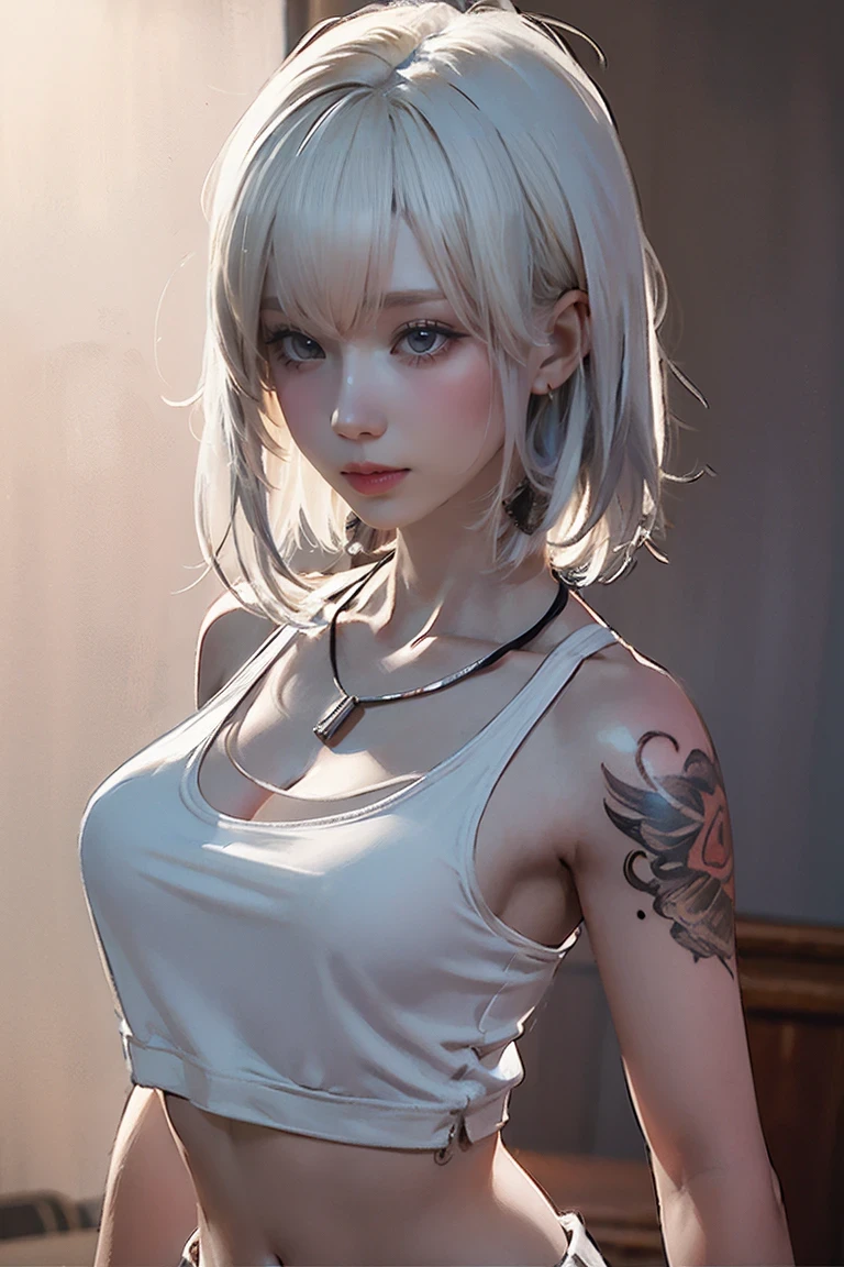 NSFW,((Woman with tattoo on chest)), , ((Short white hair with bangs, Black strands of hair)), Purple eyes, (White tank top and white mini skirt), Pendant around the neck. 超High resolution.Realistic. 超High resolution.Realistic:1.4,超High resolution. Realistic，High resolutionで, masterpiece, Highest quality, Very detailed, Better Shadows, Volumetric lighting), super high quality, High resolution, 8k, Ultra-Realistic Portraits , Realistic, Dynamic Lighting, Volumetric lighting, Very detailed顔