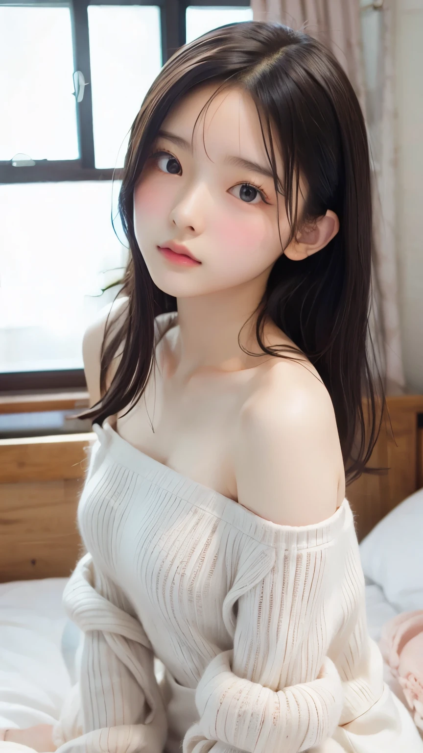 Ultra High Resolution, (Realistic: 1.4), RAW Photo, Best Quality, (Photorealistic), Focus, Soft Light, ((Age15)), ((Japanese)), (Front, Young Face))), (Depth of Field), (One Piece), Masterpiece, (Photoreal), Woman, Bangs, (( off-the-shoulder top, Bedroom, 1 Girl))