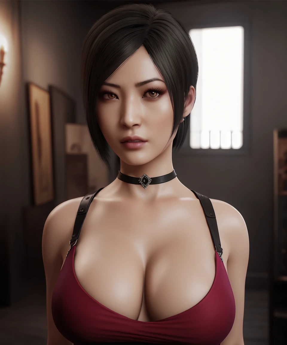 a woman, ada wong, in red dress, apocalypse, trending on artstation Unreal engine, Octane render, Photorealistic, Hyperrealistic, Sharp focus, (Horror), dark, creepy, bloody, scary, big breasts, room, bed, grabbing breasts, breasts out, nipples, looking at viewer, covered navel