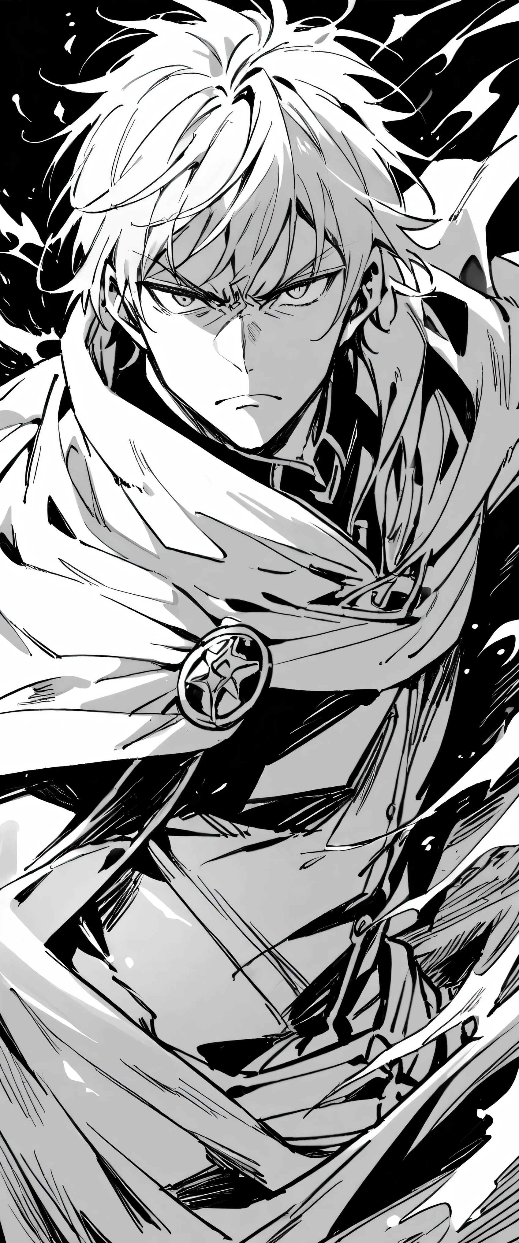 A man in cape, serious look, black and white manga image.