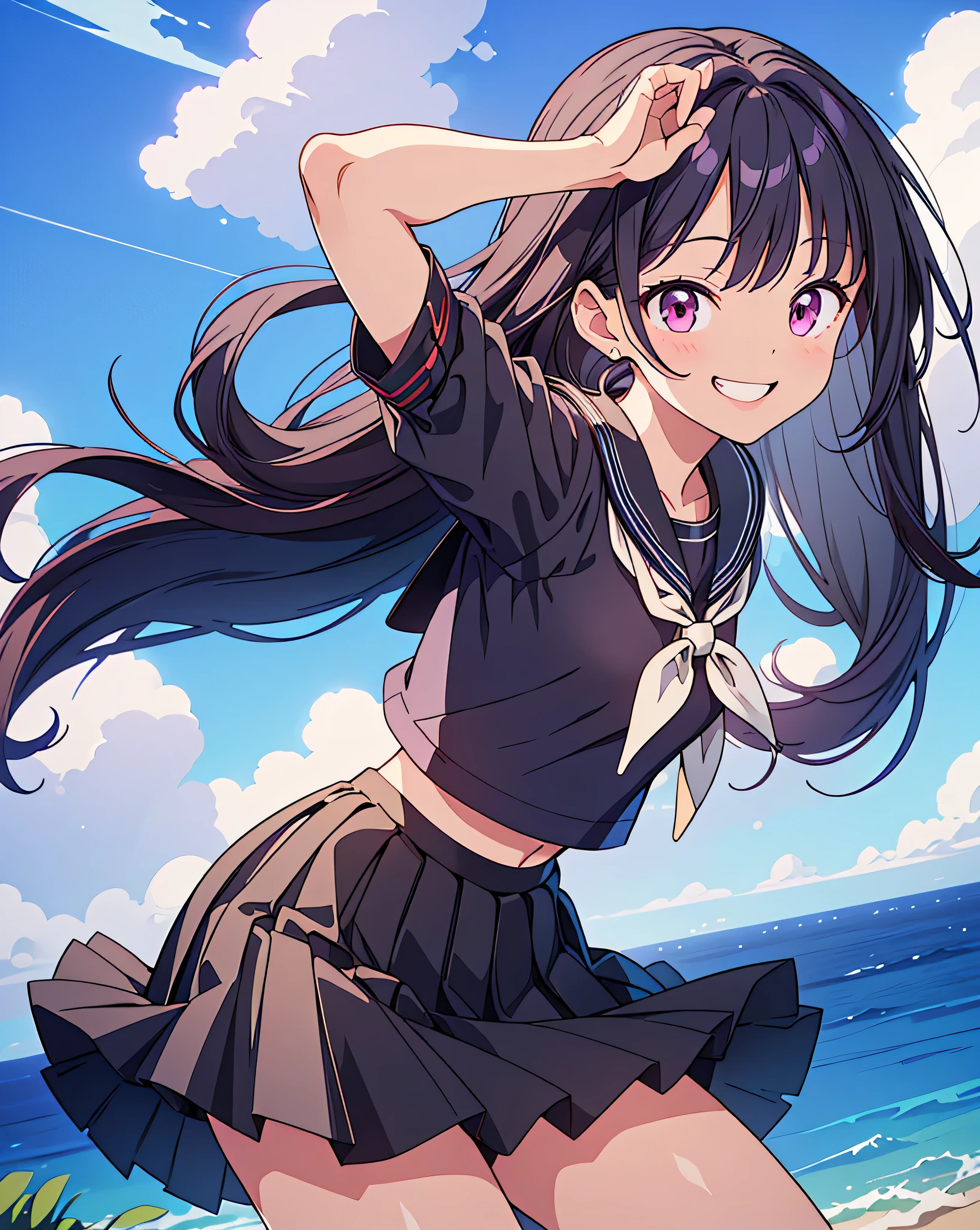 Highest quality, 32K, High resolution, masterpiece:1.5, One beautiful girl, Illustration with anime touch, Rich emotional expression, An exceptionally beautiful face, Perfect Human Anatomy, Big red eyes, ((Energetic smile:1.6)), Lustrous purple hair, Medium Hair, Asymmetrical bangs, Hair between the eyes, Transparent, soft white skin, Detailed and cute lips, ((Short-sleeved sailor uniform:1.3)), ((Black pleated skirt:1.2)), ((Jump:1.4)), ((plateau:1.3)), Beautifully detailed skies, mysterious