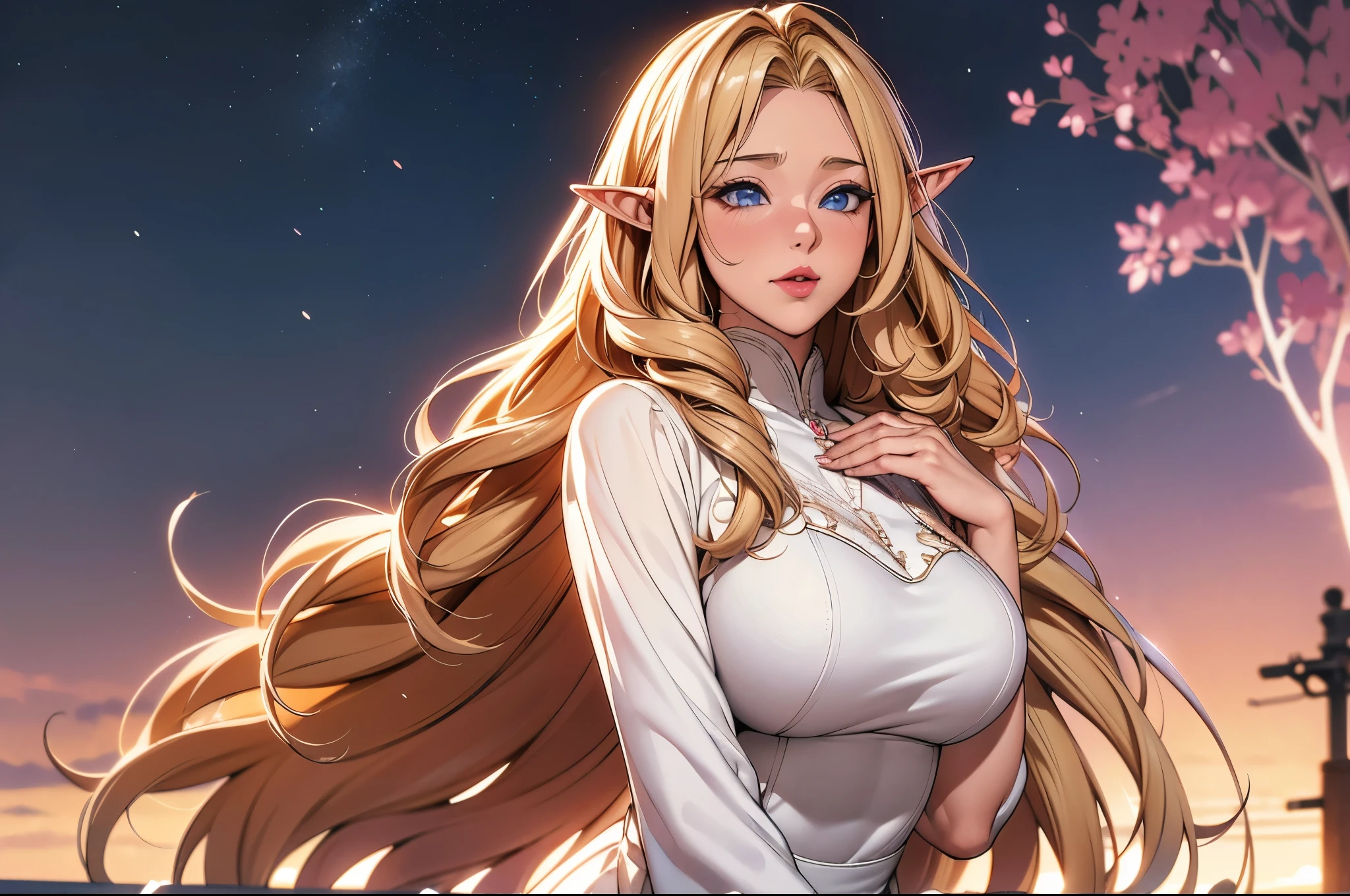1 elf girl, one person solo, (beautiful elf lady in loving), (honey blonde hair), (absurdly long wavy hair), hair strand, long bangs, shiny hair, (symphony blue eyes), high-detailed and delicate eyes, (colourful eyes makeup, red lips), ultra detailed facial, upturned elf ears, porcelain skin, warm tone skin, little blush, whole body, extreme detailed, break,
Extra long pink white detailed classic dress, classic and simple clothing, (several heart swirl around the body), ( _give heart:1.4
), hands heart, break,
Walking on the street, in the cyberpunk future city, old street, starry night sky, meteor, cloud, neon, pink heart, detailed background, break,
Full body, photography art, shallow depth of field, 8K photo, chiaroscuro, sparkle, Volumetric lighting, Edge lighting, studio
lighting, cinematic lighting, break,
Loving theme anime illustration, (the art of crossover ancient with future sytle), realism anime, イーブイの絵, best quality, 8K quality, 8K detail, masterpiece, highres, CG unity,
