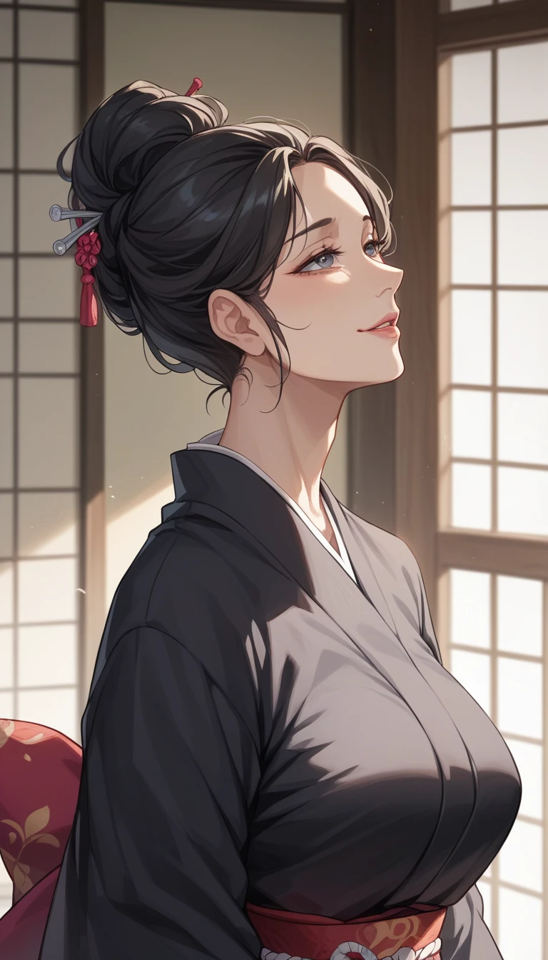 Looking up、flashy black clothes、(Mature Woman:1.4)、Poison Woman、50 years old、A seductive smile、Black Hair、Updo、Married women、Japanese-style room、Kimono Lift