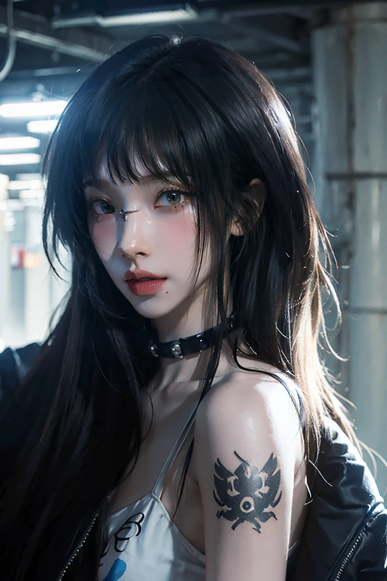 masterpiece, Highest quality,dnfSpectre, Earrings, Cleavage, Black jacket, Black leotard, pantyhose, Black gloves, sunglasses, night, Abandoned City, Large Breasts,(NSFW:1.0),((Long white hair))