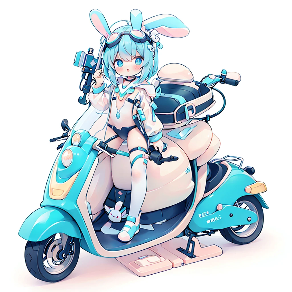 Perfect Anatomy、Highest quality、Masterpiece、Big goggles on your head、A cute, futuristic scooter in pastel colors、A cutely designed rider suit、White background、Poster,Blue rabbit character、