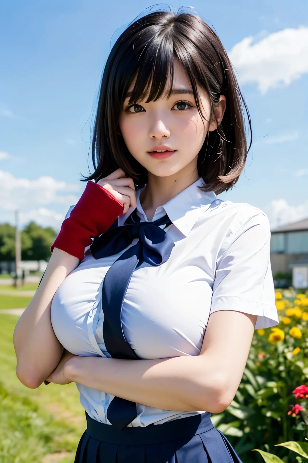 in 8K、超A high resolution、Best Quality、masutepiece (Large breasts、Colossal tits、cleavage of the breast、Close all buttons on the shirt:1.4)(White cutter shirt、Black tight skirt:1.3)(In the street:1.3) (Brown-haired short-haired:1.2)Smiling happily、Big eyes、Distinct double eyelids、Lashes、Highlights in the eyes、Light brown eyes、Pinclip Gloss、White Sleeveless Cutter Shirt、piercings、pin heels(Open your legs wide to the sides、Beautiful long legs、Show the armpits、both hands behind head、stand up:1.2)