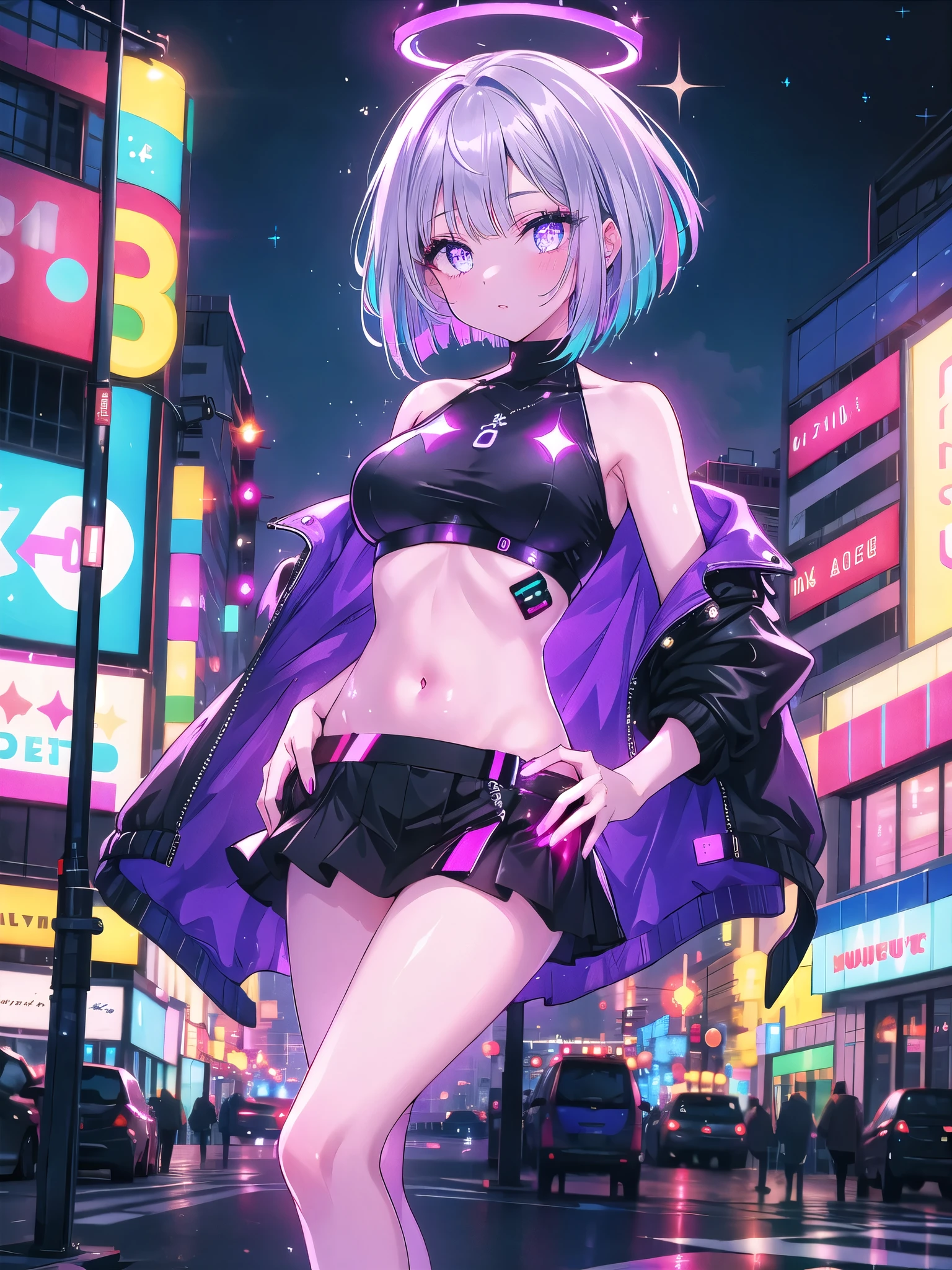 (best quality), (Super fine), (masterpiece), illustration, 1 girl, navel, topless, small breasts, puffy nipples, erect nipples, (Holding an umbrella),(cyberpunk,cybernetic implants),hair accessories, bright colors,dynamic lighting,neon lights,glowing city skyline,Holographic projection,black skirt, Fashion clothing and shoes of the future,A combination of traditional and modern elements,Avant-garde makeup,Exquisite hairstyle,confidence and determination,city environment,downpour,Reflection on slippery road,metallic feel,Mechanical armor, Gorgeous accessories,high-tech products,Impressive cybernetic enhancements,Clear focus,gnarly details, Overclocked rendering, Cinematic edge light, fine light, masterpiece, Super details, epic work, ultra high definition, high quality, 32k, cowboy shot