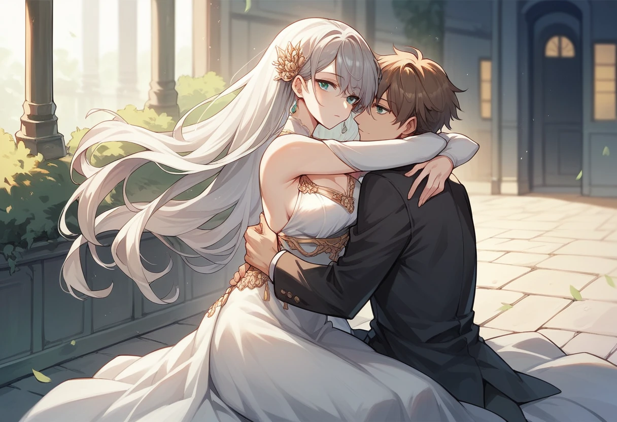 A princess and an older man are playing in water, wet dress, thin dress, wet outfits, wet body, water droplets