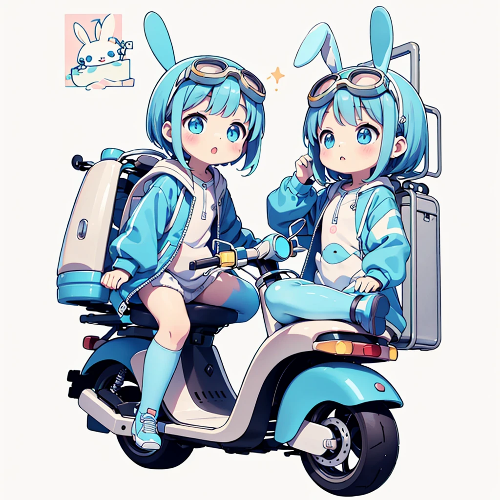 Perfect Anatomy、Highest quality、Masterpiece、Big goggles on your head、A cute, futuristic scooter in pastel colors、A cutely designed rider suit、White background、Poster,Blue rabbit character、