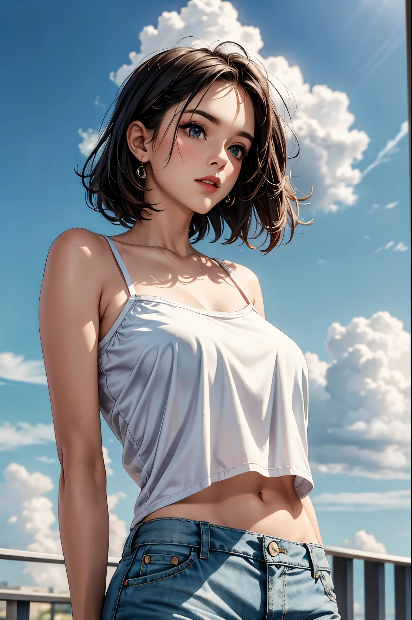 (masterpiece:1.2, Highest quality), (Realistic, photoRealistic:1.4), Ultimate beauty、mature、(Beautiful Features、Detailed lips, Beautiful eyes with attention to detail)、(Beautiful Teeth), blush, Captivating Gaze、masterpiece,(Highest quality,Hyper Detail)、 Natural Makeup,Looking at the camera、Looking up、alone,Cute woman in her 20edium breast、Short Bob Hair、(Bangs too)、Mysterious Beauty, Perching on the clouds, (Fantasy Illustration:1.3), Captivating Gaze, Seductive posture, The charm of another world, Mystical Sky, (Written by Luis Royo:1.2), (Yoshitaka Amano:1.1), ((moon 夜)), pastel colour, (Cloud Detail View:1.3), Outdoor、palace、 (Detailed catsuit、Gingham check pleated mini skirt、Lace frilly panties、Black Choker、Earrings、(topless:1.6)), Side Lock, (Midnight background, full moon、Fantasy、cherry blossoms、petal)、(ejaculation、Semen is on it:1.6)、(Bust up shot:1.3)、(Shot from above)、(I'm worried、Open your mouth:1.2)、(Wave your hand:1.3)