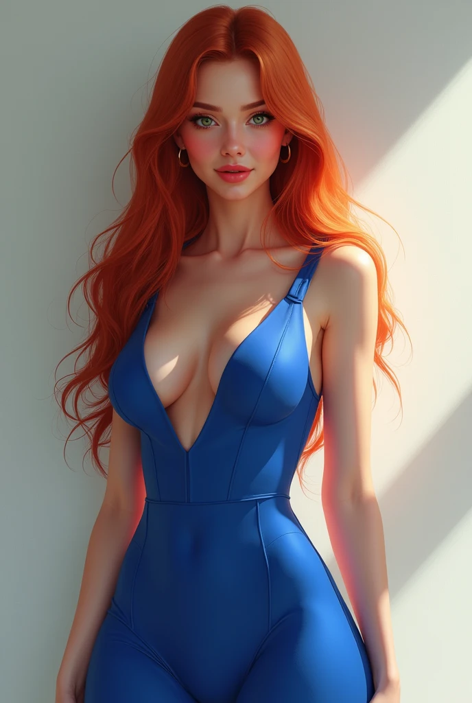 An attractive young woman with fair skin and red hair, long and wavy, tied in the shape of high pigtails, glad. She wears a tight blue dress.. Her body is curvy, fleshy lips, with wide hips and a thin waist
