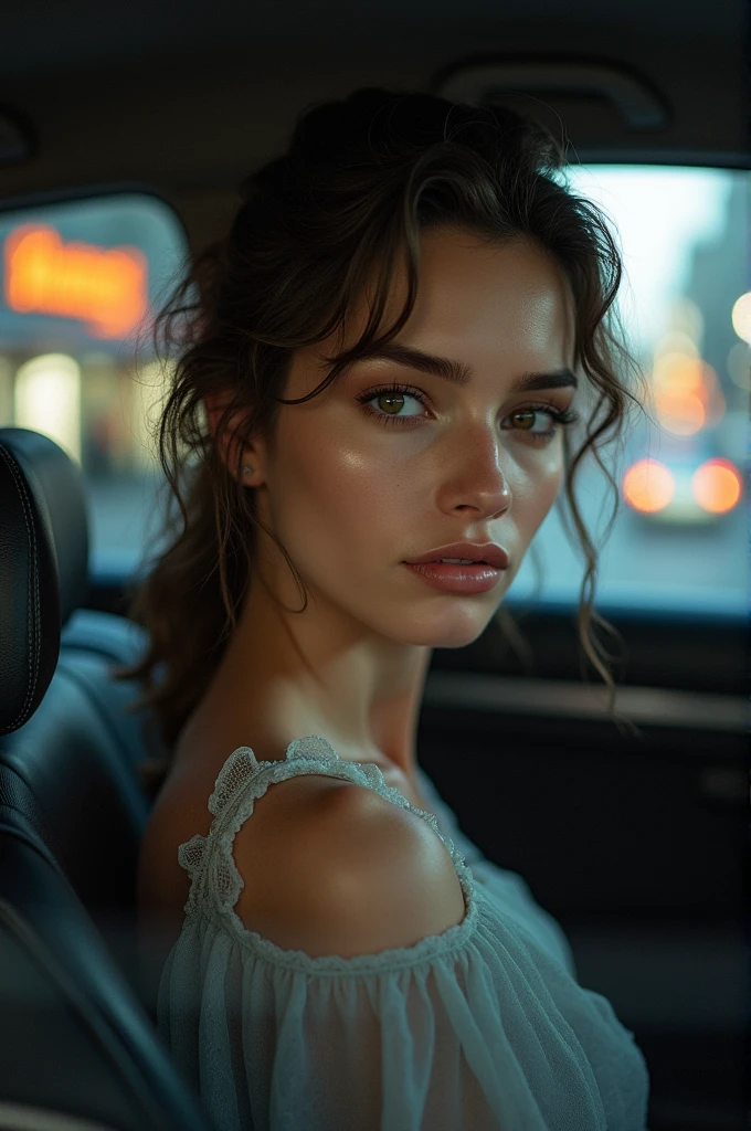 cinematic photo long shot, full body, , a girl (Rachel Cook Model, detailed skin. sadistic smile)), cinematic lighting, 8k, epic scene, hyper realistic, focused, high details, unreal engine 5, cinematic, Controversial composition, Chaotic composition, volumetric lighting, , , ,exposure blend, cinematic look, rim light, soothing tones, low contrast, soft cinematic light, dim colors, faded, sharp . Neo-expressionist, graffiti, , vibrant, ", . 35mm photograph, film, professional, 4k, highly detailed, 35mm photograph, film, bokeh, professional, 4k, highly detailed , perfect eye, ,full body, beautiful lady, topless body, big breast, She has dark chocolate eyes. she has very accentuated natural eyelashes. Her face is natural. She is ultra real. She should have a lot of freckles on her face. She is natural. She is photo shooting. She is a model and are posing. She has slim and fit body. she is riding a car . Best quality! She is ai influencer on instagram. her body is fat fit. she has a fit fat body, red clothes