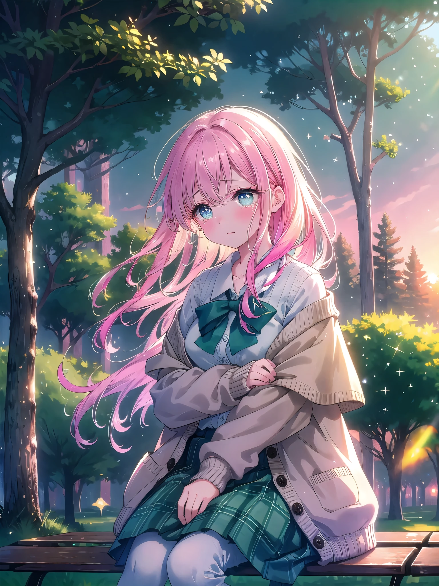 A girl with pink hair sitting on a bench in a park - SeaArt AI