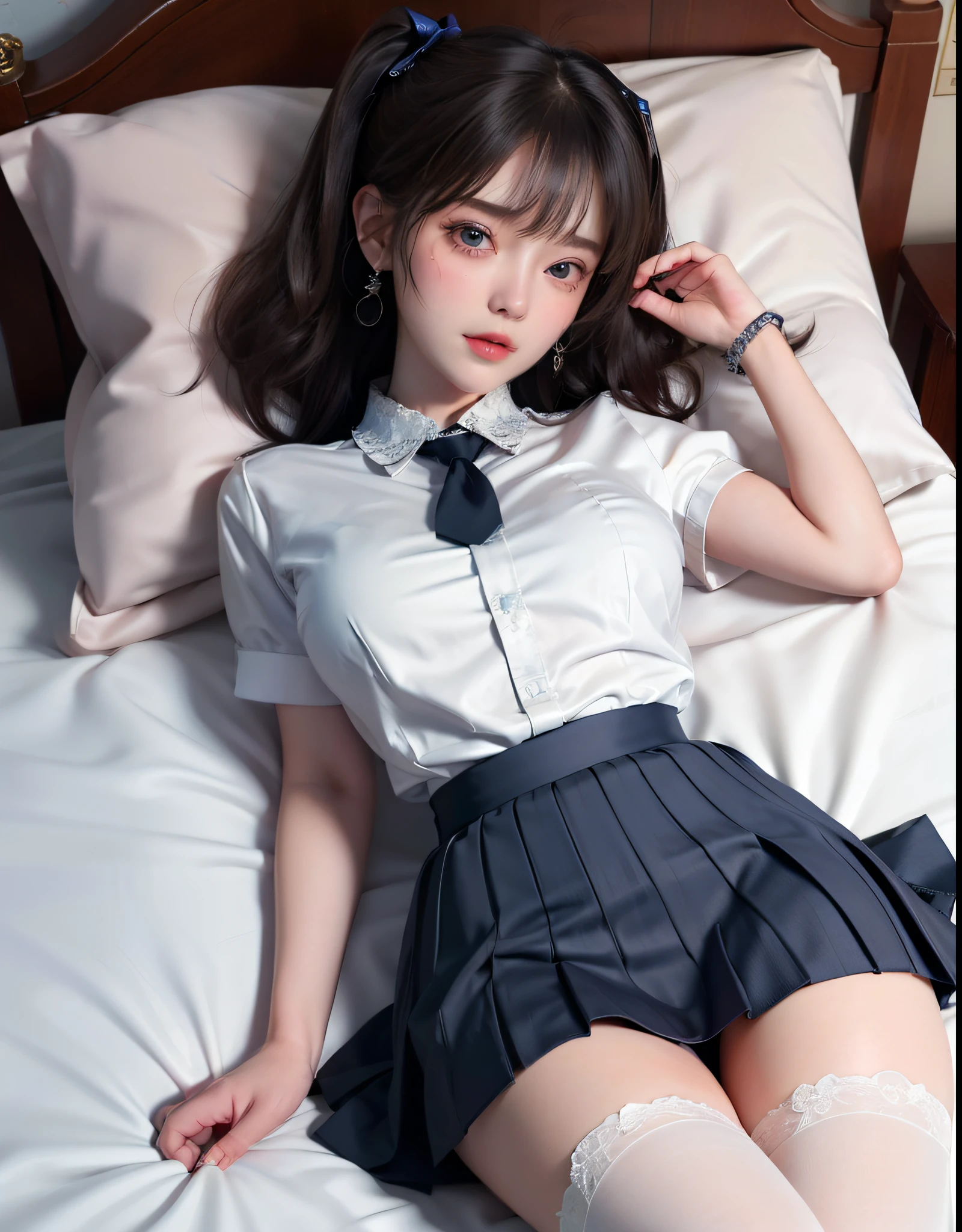 A lady royall, cute , jewery, maturbate, big breast, sexy, short skirt , twin tail, CG Unity 8k Wallpaper and face detail, in uniform sailor school thin silk very wet , open v chested bra  lace wet, fishnet stockings, she lying on bed, pattern on shirt , face detail and chest