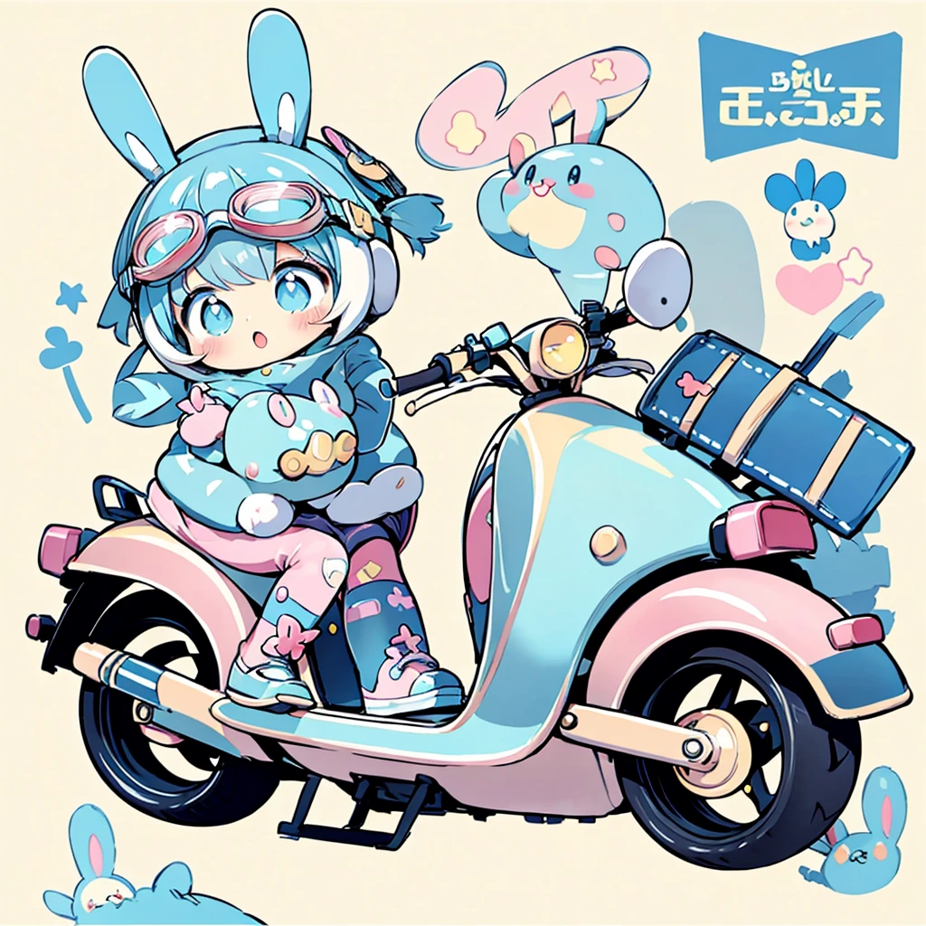 Perfect Anatomy、Highest quality、Masterpiece、Big goggles on your head、A cute, futuristic scooter in pastel colors、A cutely designed rider suit、White background、Poster,Blue rabbit character、