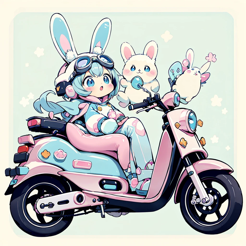 Perfect Anatomy、Highest quality、Masterpiece、Big goggles on your head、A cute, futuristic scooter in pastel colors、A cutely designed rider suit、White background、Poster,Blue rabbit character、