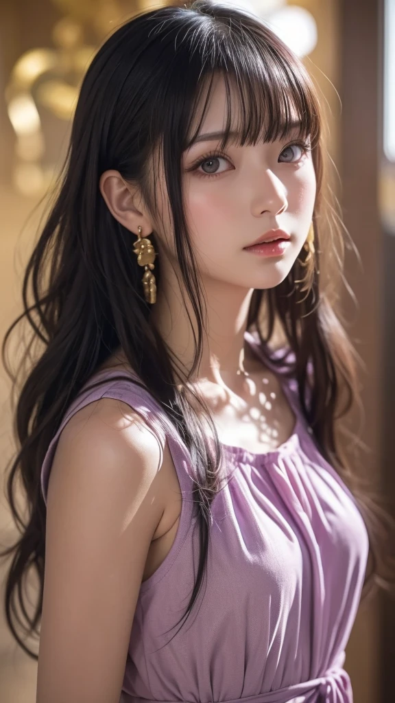 Beautiful Japanese Waifu, brunette hair, bright purple dress with lots of decorations, large earrings, necklace, bracelets
