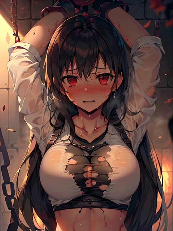 (highest quality, High resolution,  perfect pixel, written boundary depth, 4k,  beautiful anime girl), 
looking at the viewer, 
perfect body, 

tifa ff7, black long hair, red eyes, 

(torn white clock top shirt:1.3),  
(blush, sweat:1.3), arms up, scared, 
(prison, shackles, restrained by chains, from the front:1.2), 
