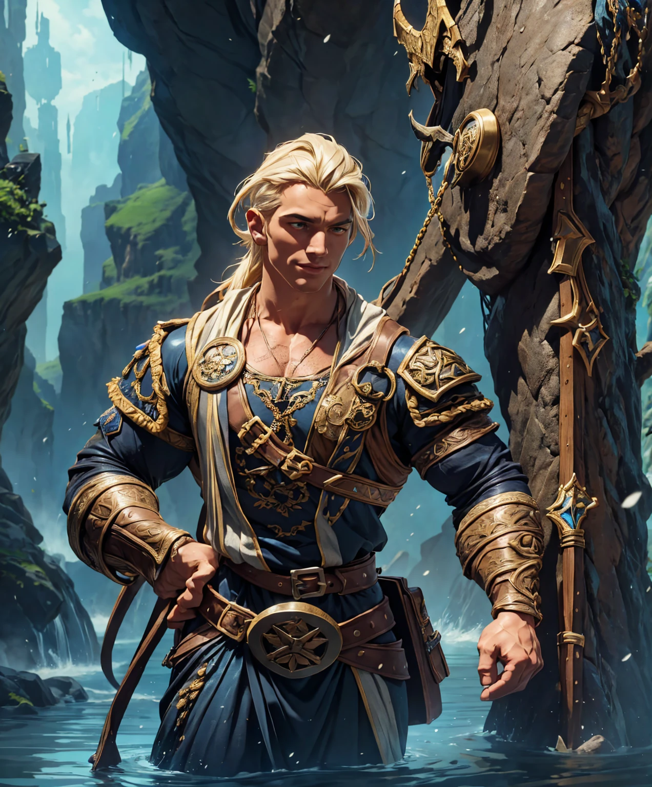 score_9, score_8_up, score_7_up, score_6_up, (((Solo focus.)))  (((Single character image.))) (((Dressed in traditional medieval fantasy attire for a dark fantasy game.)))  (((Sexy human male.))) (((Appears to be 20 years old with youthful looks and long white hair.)))  (((Dressed in medieval fantasy attire.))) (((Handsome and young.)))  (((Swashbuckler fashion.)))  (((Dressed in medieval fantasy attire.)))  (((Ideal male physique.)))   Looks like a fun-loving and heroic male adventurer for Dungeons & Dragons. Looks like a very attractive male adventurer for a high fantasy setting.  Looks like a handsome male for a medieval fantasy setting. Looks like a Dungeons & Dragons adventurer, very cool and masculine hair style, black clothing, handsome, charming smile, adventurer, athletic build, excellent physique, confident, gorgeous face, gorgeous body,  detailed and intricate, fantasy setting,fantasy art, dungeons & dragons, fantasy adventurer, fantasy NPC, attractive male in his mid 20's, ultra detailed, epic masterpiece, ultra detailed, intricate details, digital art, unreal engine, 8k, ultra HD, centered image award winning, fantasy art concept, digital art, centered image, flirty, best quality:1.0,hyperealistic:1.0,photorealistic:1.0,madly detailed CG unity 8k wallpaper:1.0,masterpiece:1.3,madly detailed photo:1.2, hyper-realistic lifelike texture:1.4, picture-perfect:1.0,8k, HQ,best quality:1.0,
