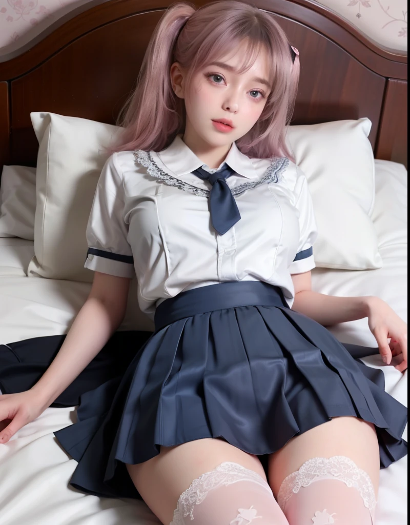 A lady royall, cute 10 yearl old, jewery, maturbate, big breast, sexy, short skirt, twin tail, CG Unity 8k Wallpaper and face detail, in uniform sailor school thin silk very wet , open v chested pra pink lace, fishnet stockings, she lying on bed, pattern on shirt