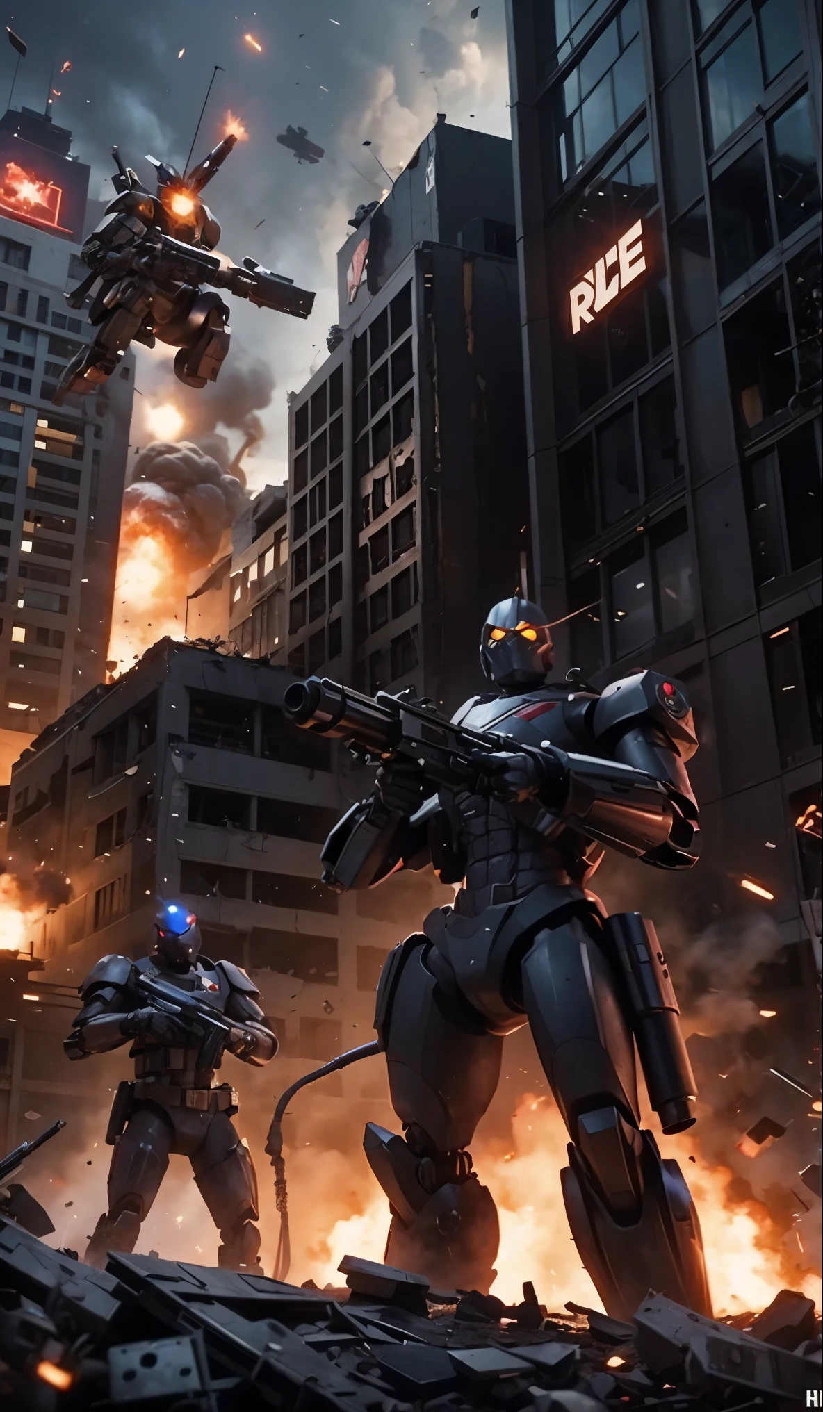 the building explodes because of the grenade launcher, robots around, robots shooting