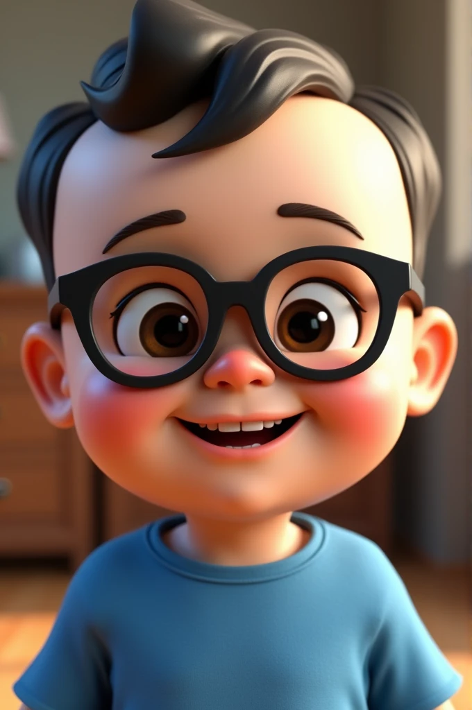 Capture the charm of a 3-year-old boy wearing glasses, his face glowing with a thrilling smile as he looks directly into the camera. His youthful face and skin are impeccably detailed, showing all the nuances and innocent expressions.The background features a theme park or amusement park, mas intencionalmente borrado para criar um forte efeito bokeh, with a cloudy day providing soft and soft lighting. This moderate lighting should shed a heat, brilho difuso sobre o rosto do menino, accentuating her adorable features.The image should be crafted with extreme attention to detail, reminiscente do amado estilo Disney Pixar. This style is known for its realistic and charming character design and attention to facial expressions and details.The boy's clothing and appearance should be in accordance with the style, emphasizing Pixar's unique charm. The setting should include elements of a theme park, as colorful attractions and a playful atmosphere, embora estes devam ser sutil e artisticamente borrados para manter o foco no menino.The resulting image should encapsulate the thrilling and emotive qualities characteristic of Disney Pixar's storytelling, criando um momento cativante que ressoa com os espectadores.