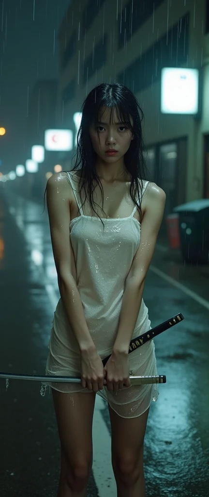90s flash photo，1girll, Solo,At night,a woman standing in a dim alley flirting，(full bodyesbian:1.5),Wet,Transparent,(sensual lingerie),Bare feet,(tit:1.5),with a bright night scene in the distanceThe best quality，((Wet ground)),(((The ground is littered with garbage))),((tenten)),sin front of camera, tmasterpiece，RAW photogr，Film photos，