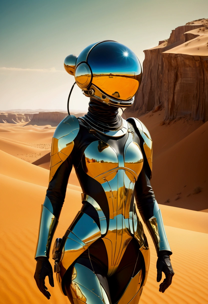 ral-opal, meahophontron, cyberpunk, woman ROBOT futuristic helmet (light yellow suit, black gray, light blue brown) With futuristic armor, soft tones, background image: (photo in the desert) soft tones, symmetry