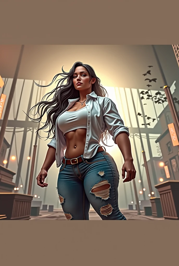 a muscular woman with defined abs and biceps,thick thighs,wide shoulders,narrow waist,large breasts,hard nipples, wearing a torn tight jeans and a tight white shirt,long black hair,photorealistic,extremely detailed,high quality,8k,cinematic lighting,dramatic shadows,incredible detail