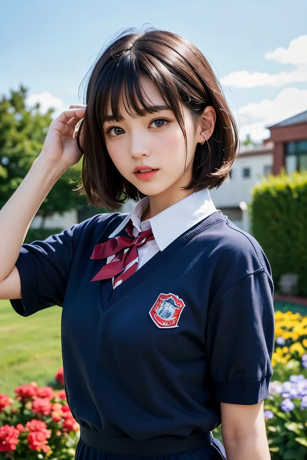 photorealistic, ultra-detailed, (best quality, 8k, 32k, masterpiece, UHD:1.2), Photo of 17yo Pretty Japanese high school girl, upper body, neat summer school uniform, plaid pleated miniskirt, short hair, grin, sitting, arm support,