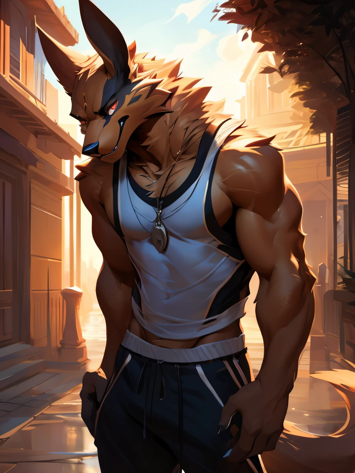 4k, ,8K, A high resolution, best quality, perfect colors, perfect shadows, perfect lighting, posted on e621, (by Chunie, by canyne khai, by t.y.starale), male, furry, Fox anthro, Kurama (Naruto), muscular, solo, red eyes, (Realistic eye details 1.2), beach, wearing tank top, wearing jogger sweatpants, Full body like, Slim body, abs, dramatic lighting, soft lighting, day, highly detail, Hair coiled, delight, Standing up position, cool pose charm, Abstract beauty, centre, Looking at the camera, Facing the camera, nearing perfection, Dynamic, highly detailed, illustration, (Realistic background), ((Bonifasko lighting)), (Detailed eyes), perfect pupils, detail eyes, detail fluffy fur, (seductive face:1.2), fit body, Looking at the camera,, fit body, perfect male figure, Detailed fur, Detailed face, Perfect face, Detailed background, (Complex), (Super Detail), (Ultra Clear), (Best Quality)