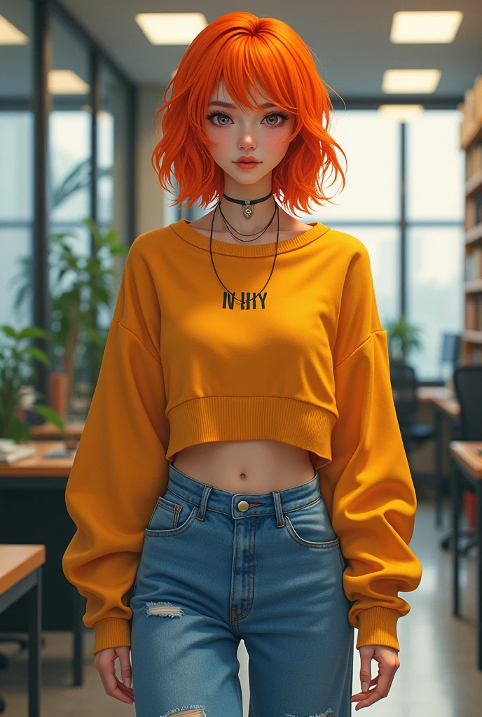 a beautiful 12 year old european girl, orange curly hair, unique haircut, shy and joyful expression, orange and black halloween pants and an oversize Tee-shirt, hyper detailed, photorealistic, 8k, sharp focus, dramatic lighting, cinematic composition