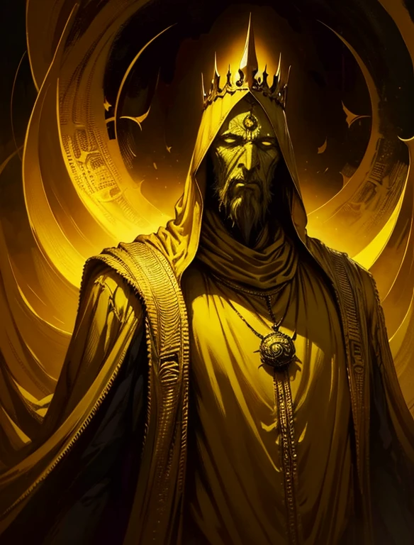 a painting of hastur the king in yellow, yellow-robed, beautiful male ,king in yellow, hastur the king in yellow, , portrait of hastur the king in yellow, the king in yellow,honoring hastur the king in yellow artwork, portrait of the god hastur,hastur,galactic deity, concept art of hastur the king in yellow, peter mohrbacher style,