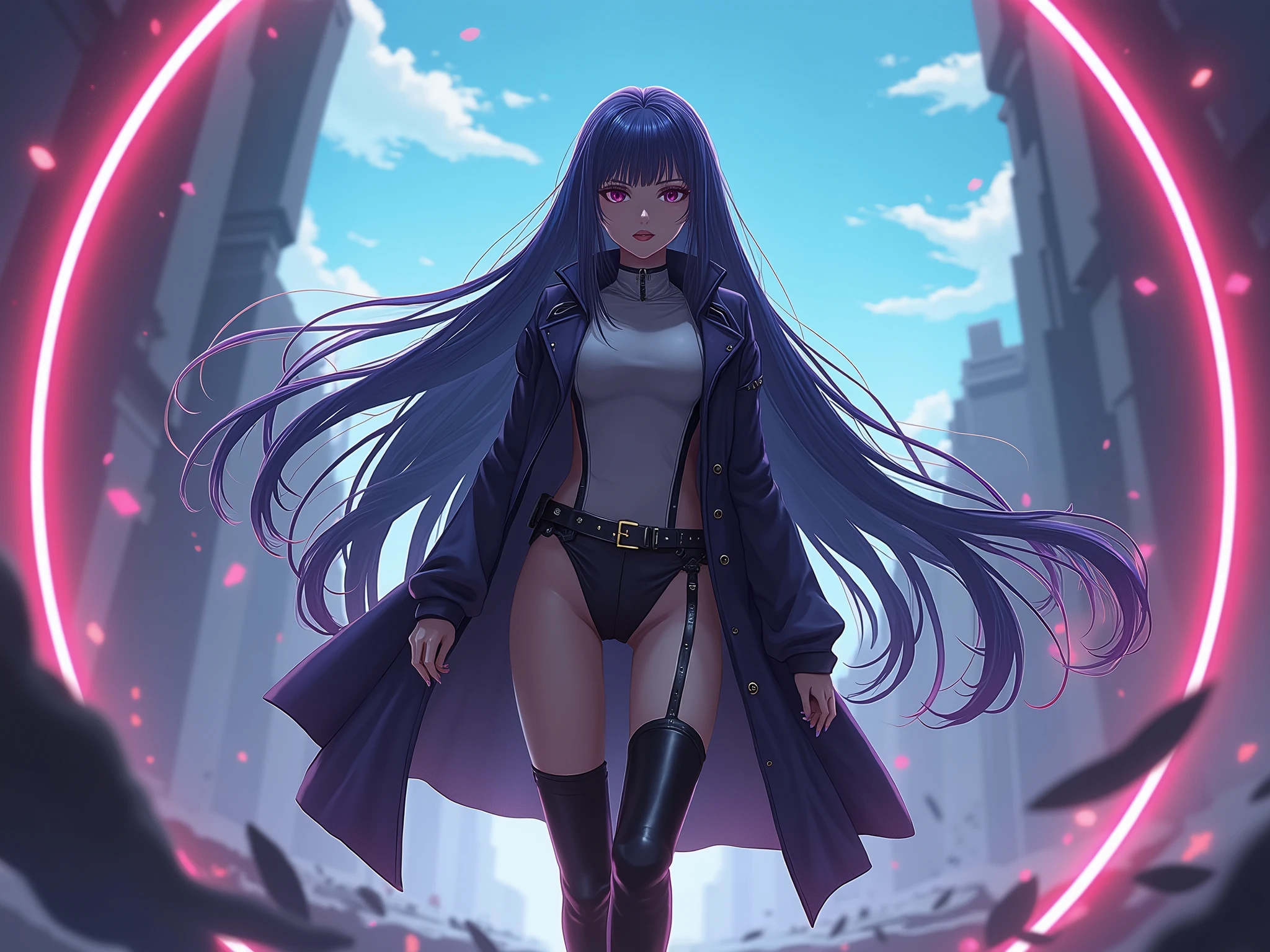 Make a female anime character with black and purple hair, blue pin accessories, purple glasses and eyes, long black jacket, dark black tank top with bandadge covering her chest and gray cloth covering her stomache, dark purple skirt with black stripe, dark half black shoes with white stripes line, dark blue light red white and yellow arm band and badge, black gloves full covering on her left hand with bandadge , black nets and bracelets on her right hand with dark purple nails, black belt with red green and gray flowers