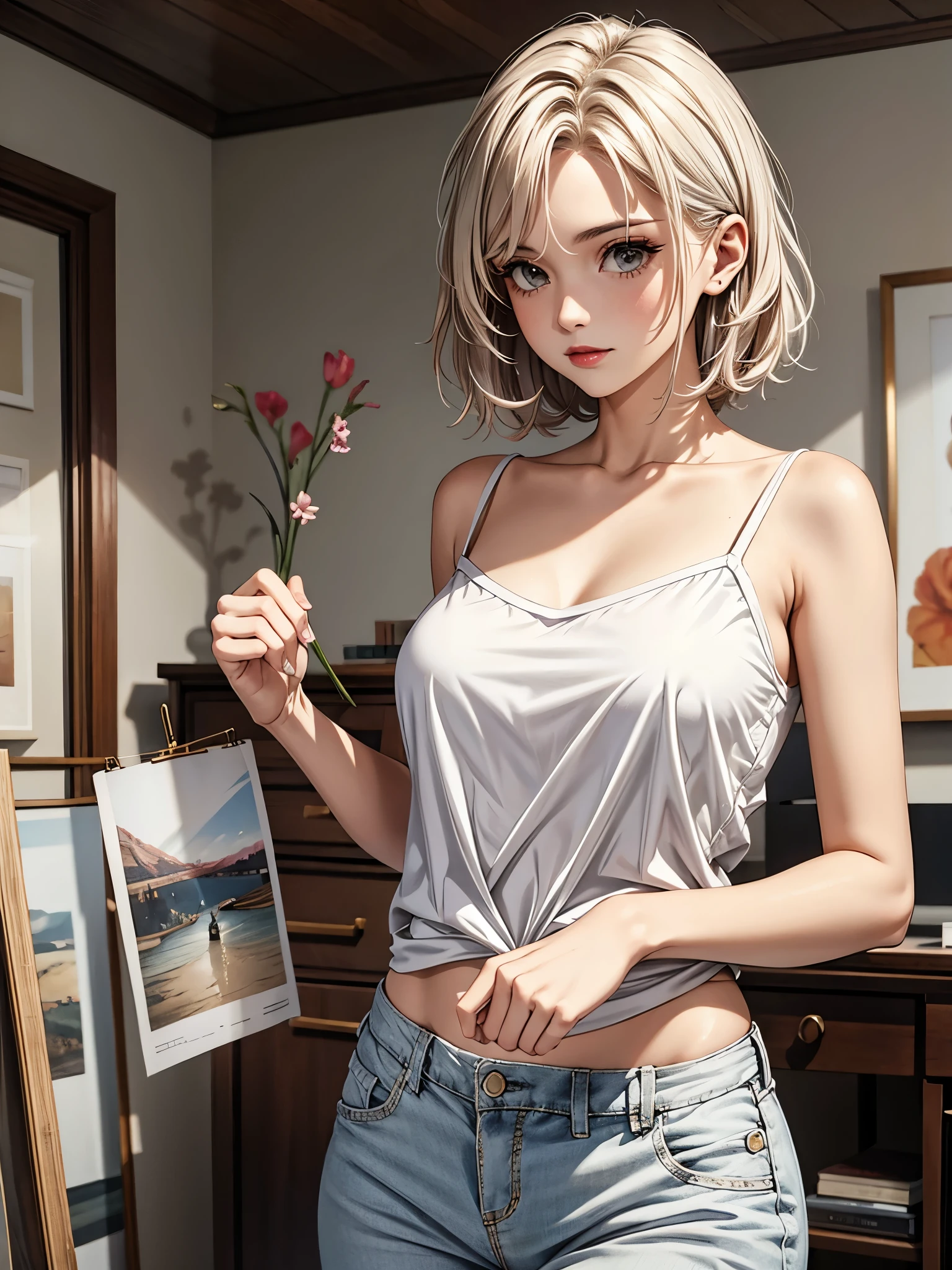 small tits, topless ,(masterpiece), best quality, extremely detailed, (watercolor), bloom, delicate and beautiful, illustration, (from below),(1girl:1.4), (solo:1.2), small perfect breasts, white hair, short hair, (ribbed sweater:1.3), off-shoulder sweater, (short shorts:1.2), bare shoulders, (underboob), ((dark skin:0.8)), beautiful eyes, (disheveled hair ), photography, over-the-shoulder shot, by Alex Maleev, professional, canon camera, nikon camera, sharp, bokeh, studio quality, fisheye lens, by Robert Capa ,
