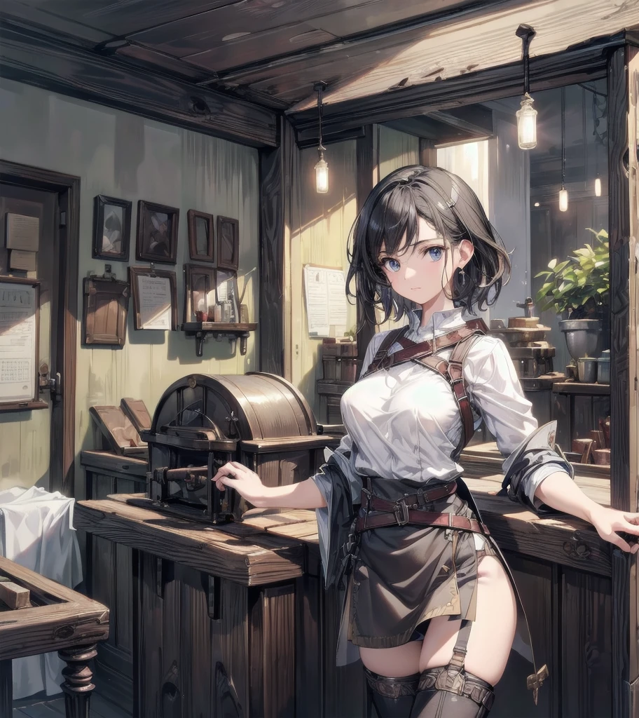 (fantasy:1.5),(anime,8k,masterpiece, top quality, best quality,beautiful and aesthetic:1.2,professional illustrasion:1.1,ultra detail:1.3,perfect lighting),extremely detailed,highest detailed,incredibly absurdres , highres, ultra detailed,intricate:1.6,(Alchemy Workshop:1.4),A girl mixing,Medicine in many small bottles,holding small potion,colorful:1.4,zentangle,(1girl),(girl),(Three kingdoms female warload),(highly detailed beautiful face and eyes,firm breasts),oily skin,((black,hair,short bob with short pony tail hair)),thin pubic hair,cute,lovely,34 years old,alchemist costume,Merchant's Clothing,smile,in the kitchen,smile,seductive weak smiling,(with sparkling eyes and a contagious smile),open mouth, Looking at Viewer,