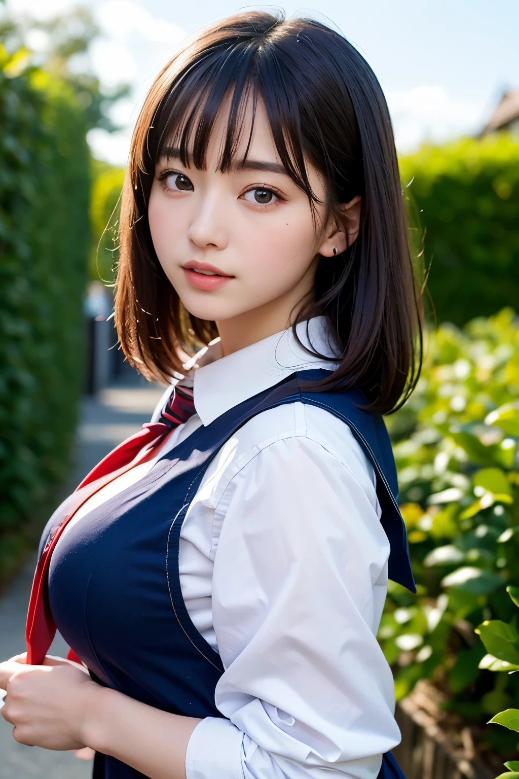 Enhanced dynamic perspective，Cute cute 15 year old beautiful girl，((School uniform, Long sleeve shirt))、Short pleated skirt、Look at me and smile，simple backgound，Works of masters，high quarity，4K resolution，super-fine，Detailed pubic hair，acurate，Cinematic lighting，Leaves the original facial proportions、(Huge breasts)、((cum on tongue、open mouth))、face focus、pov、