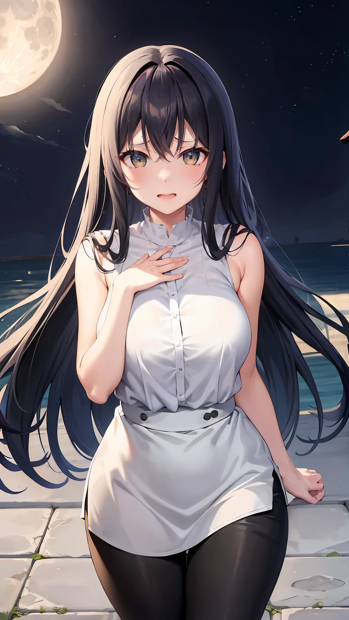 Moon color on inner color of long black hair、 Beautifully shaped breasts with tension, Green Eyes, Moonlight、moonlight、、、,The whole body from head to toe、Chuckle、Older sister、、(Flying in the air)、、Plus size sleeveless shirts、、Tight long pants、Beauty under the moon、A fearless face、Reach out to your audience、Yamato Nadeshiko、