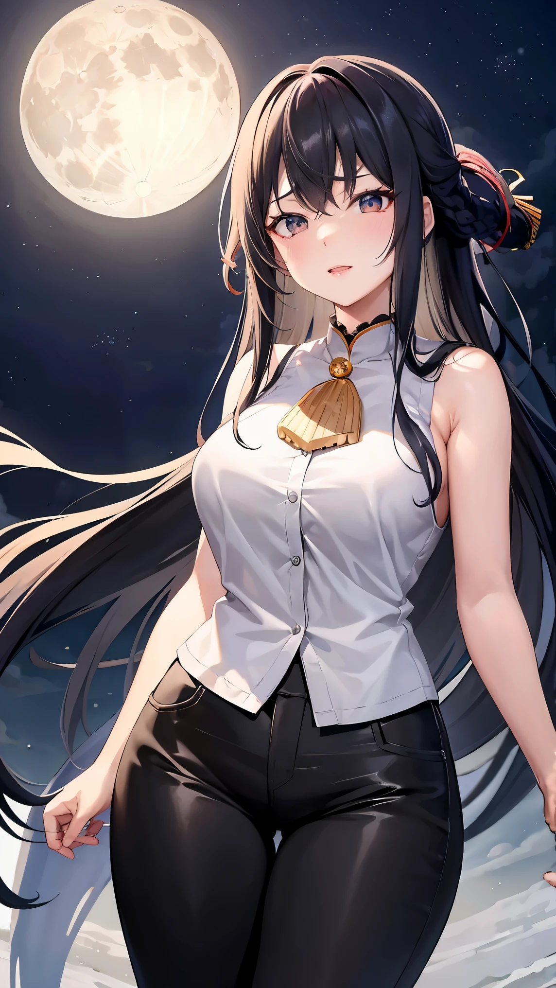 Moon color on inner color of long black hair、 Beautifully shaped breasts with tension, Green Eyes, Moonlight、moonlight、、、,The whole body from head to toe、Chuckle、Older sister、、(Flying in the air)、、Plus size sleeveless shirts、、Tight long pants、Beauty under the moon、A fearless face、Reach out to your audience、Yamato Nadeshiko、