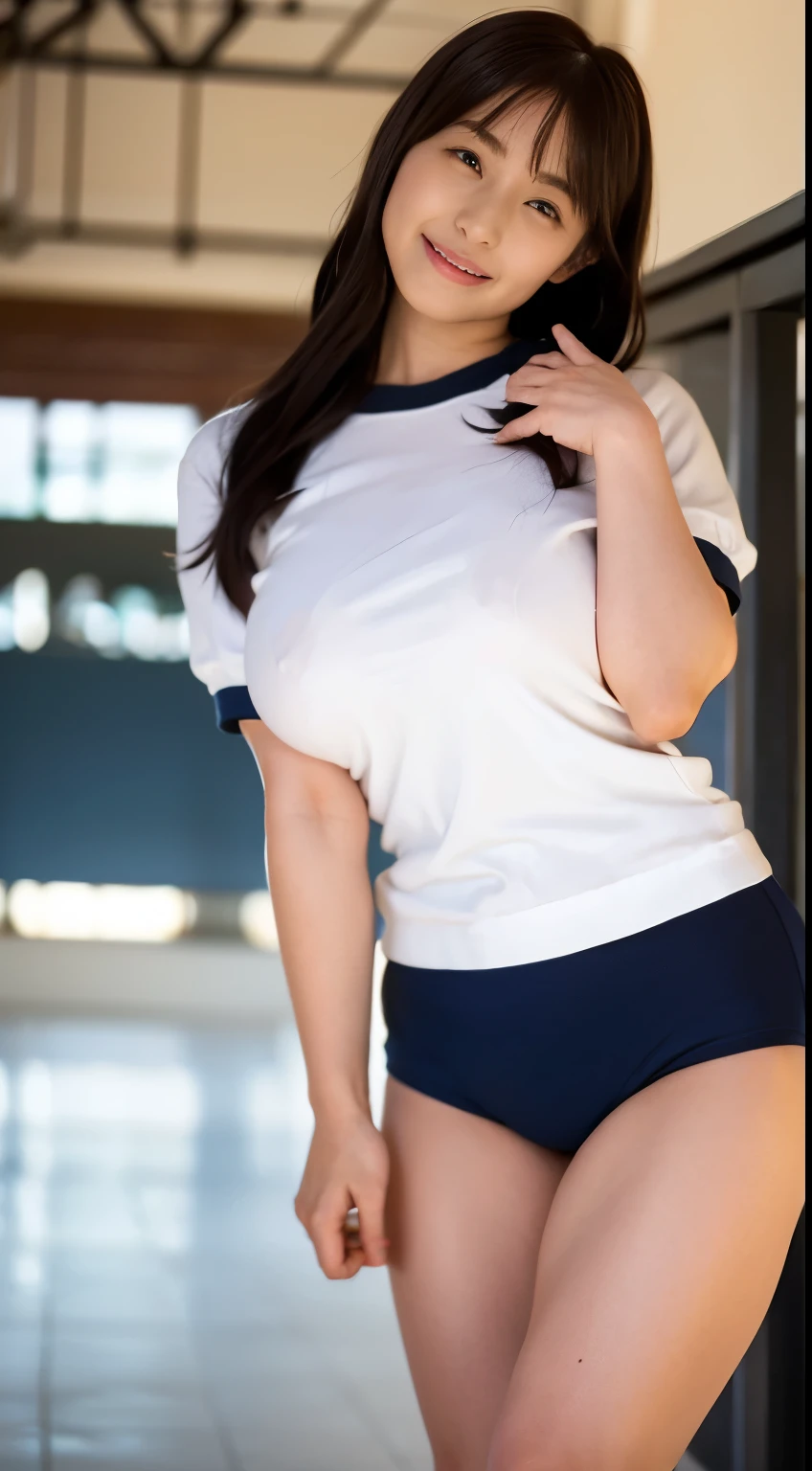 alone、high school girl、White skin、Natural Makeup、Black Hair、bangs、Straight Long Hair、(((White short-sleeved T-shirt on the upper body)))、(((Long white gym clothes)))、(((Very tight bloomers)))、(((Mid rise bloomers)))、(((Navy Bloomers)))、((Big Breasts))、Big Ass、(((Schoolyard)))、(((Realistic fingers)))、(((Realistic style)))、((Perfect figure))、(((upright)))、((High Leg))