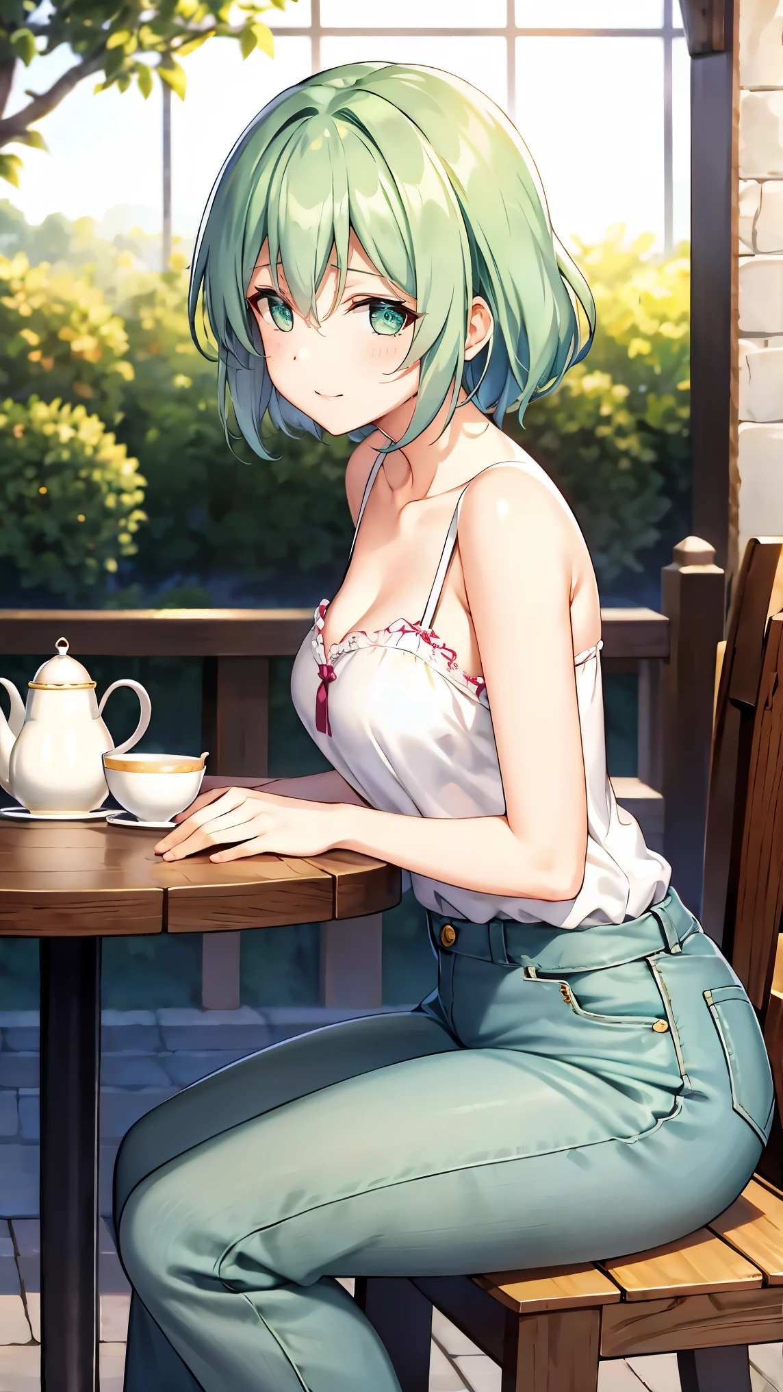 Shoulder-length green hair, Small size breasts, Small breasts、Green Eyes, 、(((Ladylike))),The whole body from head to toe、Jeans and feminine clothes、、Chuckle、((Sit facing the viewer across the table))、Cafe date、Afternoon tea、町にあるStylishなカフェ、Chatting and drinking tea at a cafe、Stylish、、