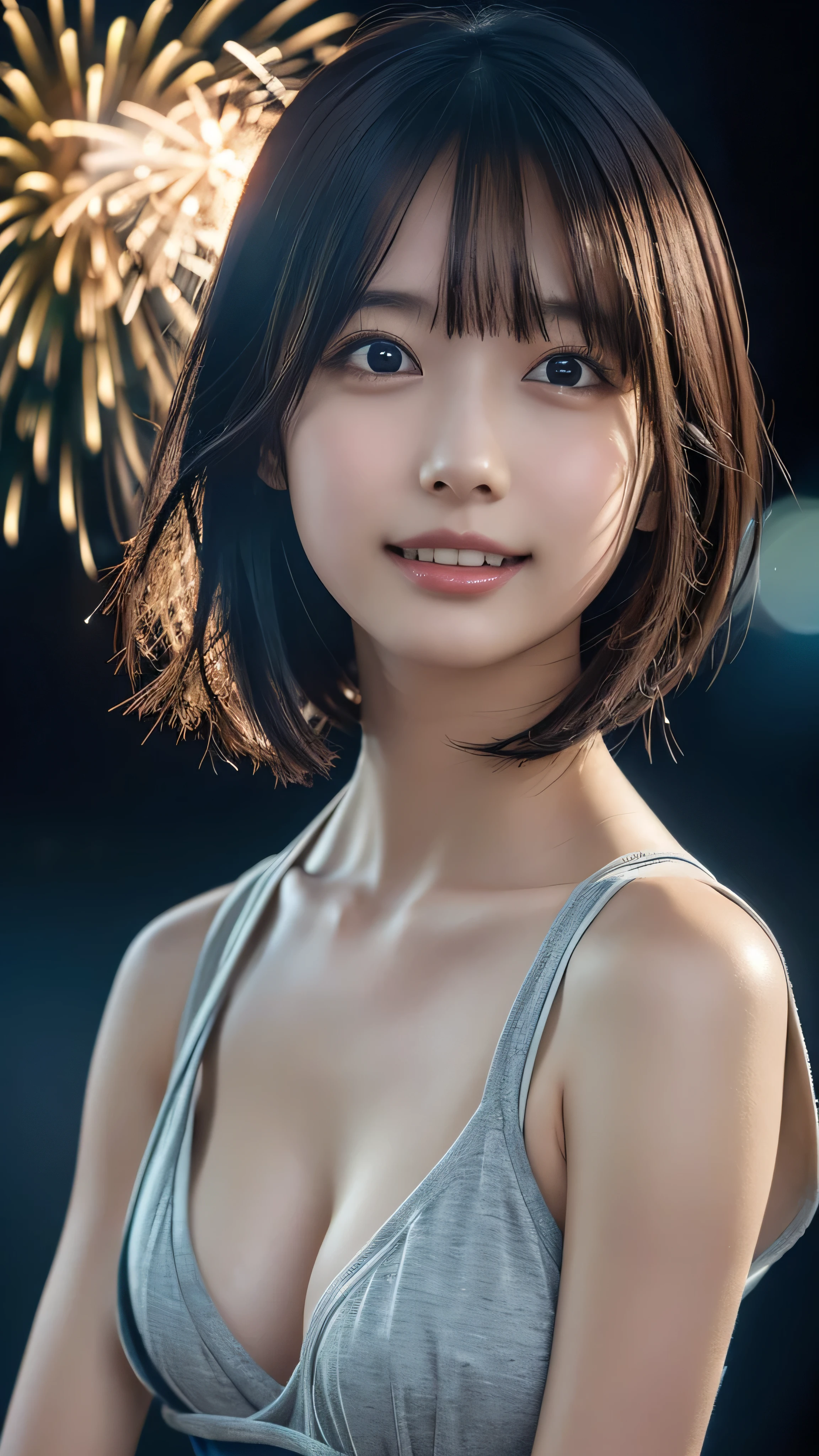 Japanese、Age 25、sister、Randomly generated people with diverse facial features and hairstyles、Perfect Anatomy,Ocean、Beach、firework、Night Sky、打ち上げfirework、目をOceanつぶる、Mature woman