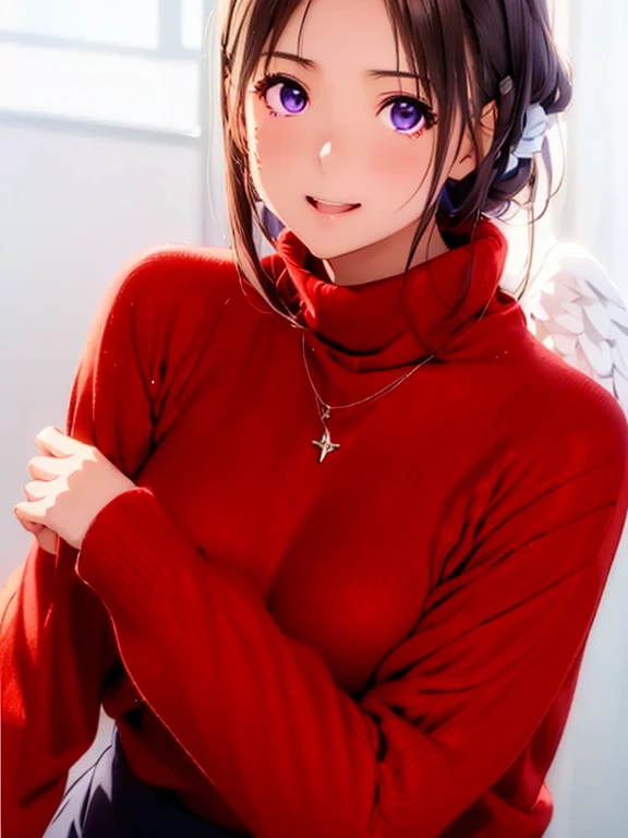 High resolution,In 8K,Highest quality,detailed,Semi-realistic anime,Anime 3D Style,Smooth anime CG,One Girl,One Japanese woman,slim,Modeled,Shiny brown hair,Medium Hair,detailedな顔,Beautiful and detailed,Glowing Skin,(Dark red turtleneck knit),necklace,straggling hair,Angel-like hair,Small breasts,((Deep violet sparkling eyes)),((Looking into the camera)),((Shut your mouth.)),((Laughter)),