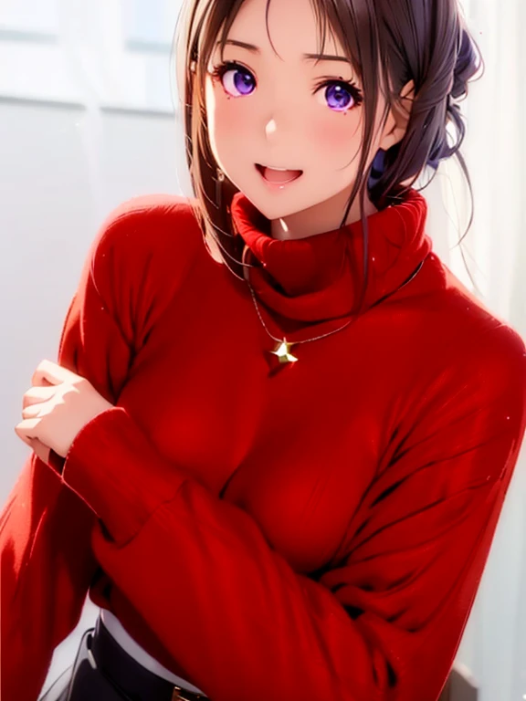 High resolution,In 8K,Highest quality,detailed,Semi-realistic anime,Anime 3D Style,Smooth anime CG,One Girl,One Japanese woman,slim,Modeled,Shiny brown hair,Medium Hair,detailedな顔,Beautiful and detailed,Glowing Skin,(Dark red turtleneck knit),necklace,straggling hair,Angel-like hair,Small breasts,((Deep violet sparkling eyes)),((Looking into the camera)),((Shut your mouth.)),((Laughter)),