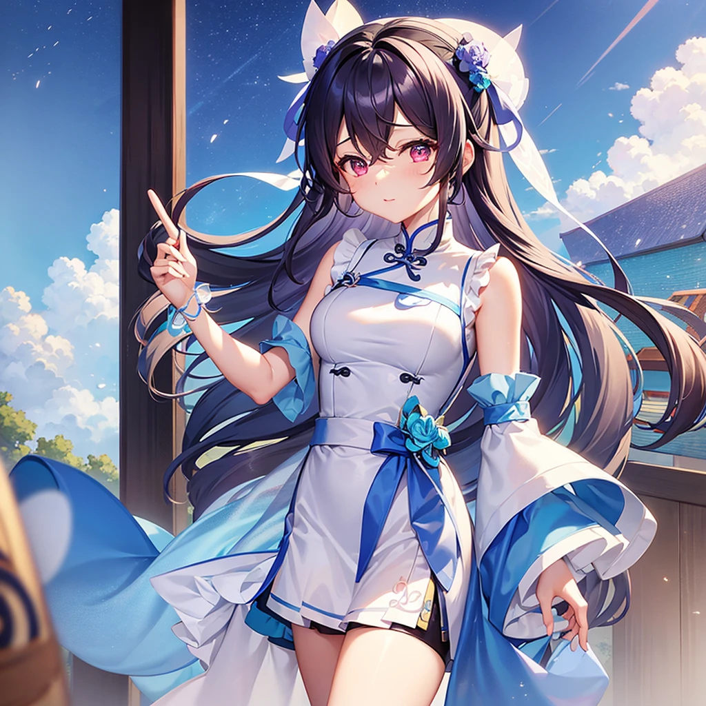 Luo Tianyi&#39;s eyes are green, her gray-blue hair is tied into a knotted tie, and her skirt is Tianyi&#39;s blue. She is wearing a V4 official suit.