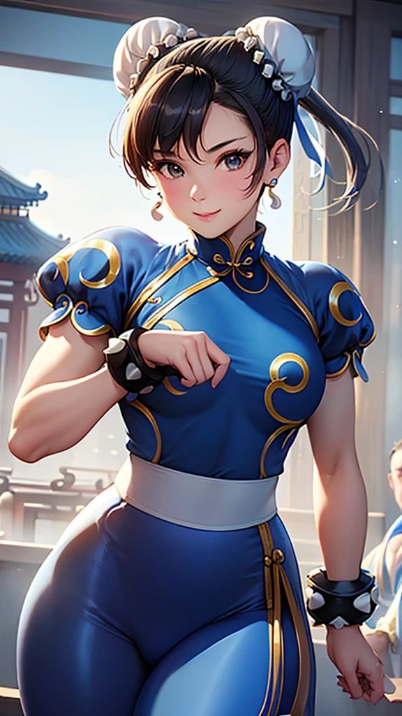 ((Chun-Li,ponytail,blue Leggings:1.3)),upper body, Looking at the audience,Slim and sexy figure, the best quality, (8k), (4K),(masterpiece), (the best quality), Extremely detailed, Game CG, Ultra Detailed, illustration, Beautiful Body,Beautiful nose, Perfect Eye, Perfect Face , 1 girl, 30 years,Fair Finger,Fair body, Fair Nose,Fair character design, perfect Eye, perfect Face,expressive Eye,Perfect balance,(Focus on her Face),(Smile:0.3), official art,Extremely detailed CG Unity 8K wallpaper, rich and colourful,  (masterpiece:1.0),(the best_quality:1.0), Ultra-high resolution,4K,Ultra Detailed, photography, 8k, HDR, high resolution, (Fair,Big goals_Chest:1.4), (blue china dress,smile,pretty face,Clear image:1.3),((青い炎のようなオーラを身にまとう,The background is Chinatown:1.3))