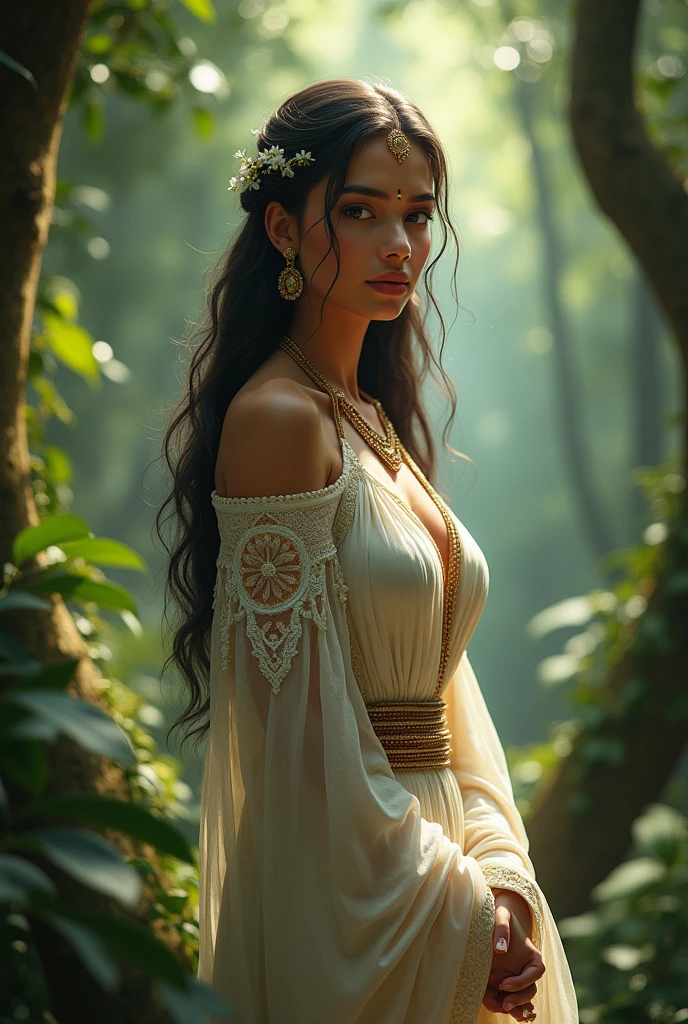 (masterpiece), (extremely intricate:1.3), (realistic), portrait of a girl with exceptionally beautiful facial features and a perfect, beautiful body structure, the most beautiful in the world, (fantasy costume with flowing cape), black hair, standing in a mystical forest with dappled sunlight filtering through the trees, professional photograph of a stunning woman detailed, sharp focus, dramatic, cinematic lighting, octane render unreal engine, volumetrics dtx, (film grain, blurry background, bokeh, depth of field, light rays, motion blur:1.3)