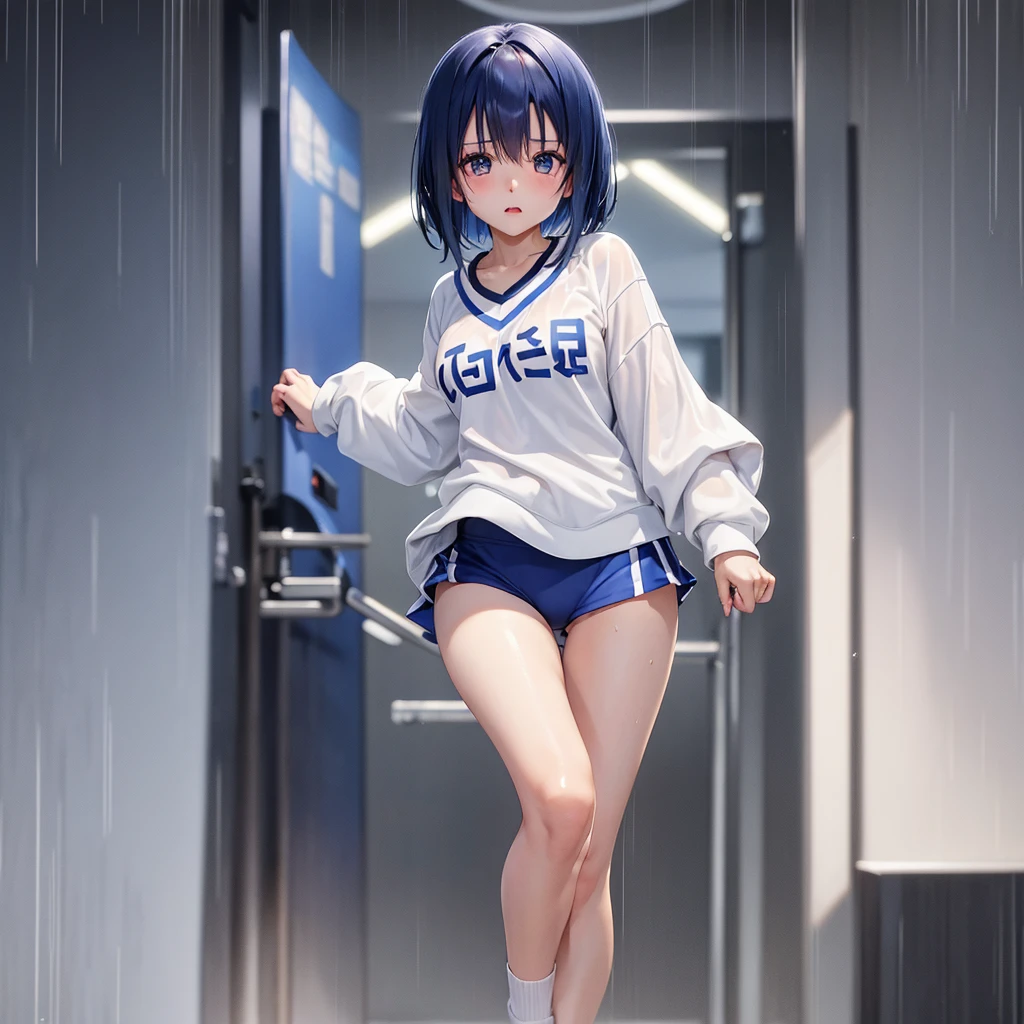 Haruna Sairenji、To Love-Ru、Blue Hair、Bobcut、Hairpins x 2、Show your forehead、high school girl、White gym clothes、Bloomers、Wet gym clothes、Sheer gym clothes、first round、Embarrassing、blush、（（（ＳＦＷ、sound、Highest quality、first-clasasterpiece、Normal body、8k、Detailed face、Ultra-precision、Normal hand、Normal finger、５Finger、Highest）））、Full body view、School、Behind the gym、rain、Outdoor