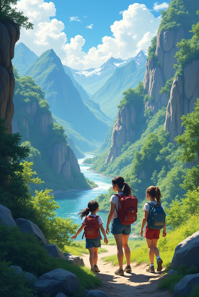 create an image that shows what the earth looked like (including fauna and flora) in the Silurian period (shallow seas, mountainscape, rocks and invertebrate animals)
now add three girls in the landscape